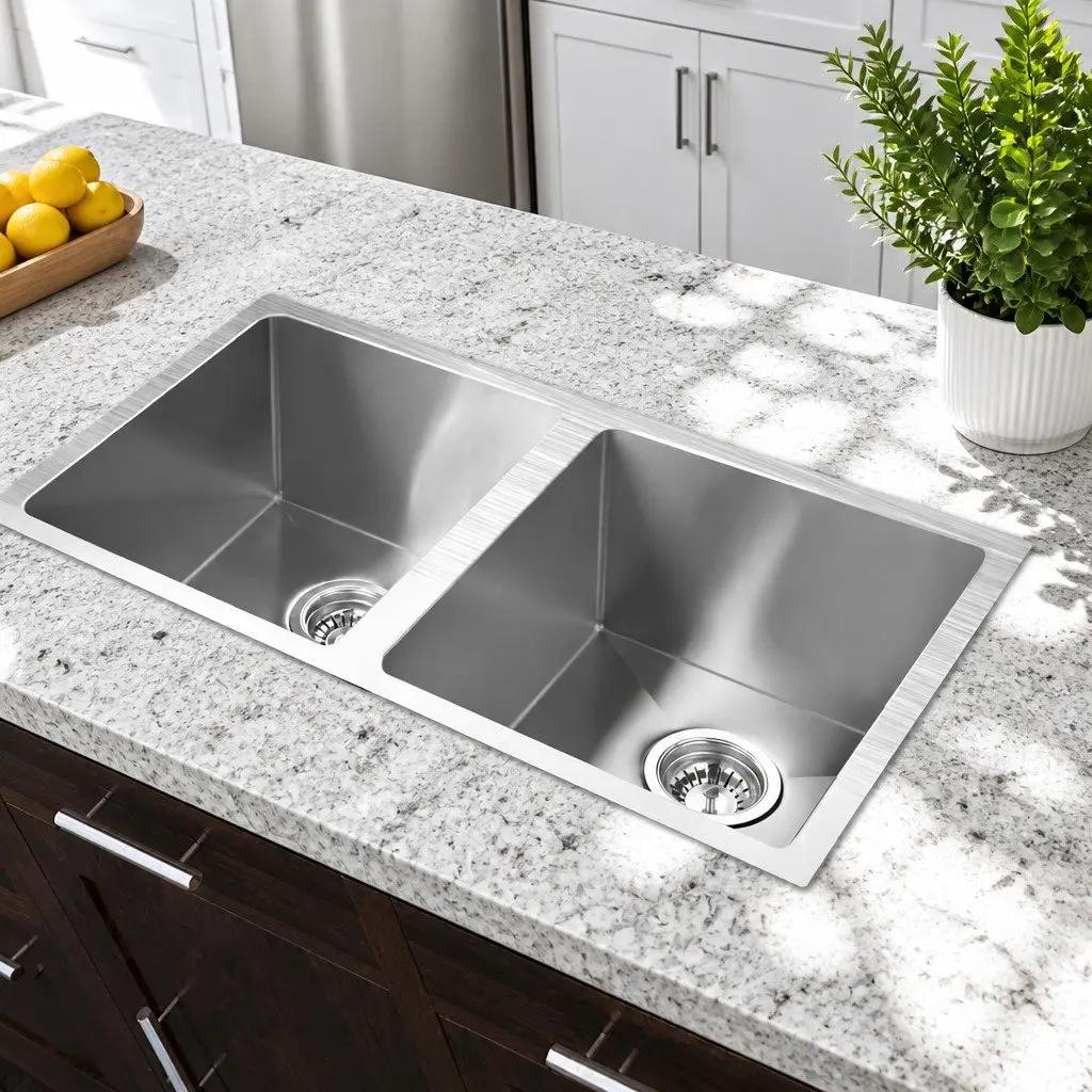 Double Bowl Kitchen Sink 77x45cm Stainless Steel Drop-In Flush Mount Under