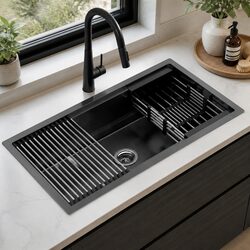 Kitchen Sink 81x45CM Stainless Steel Single Bowl Black Pull Out Mixer Tap Basin