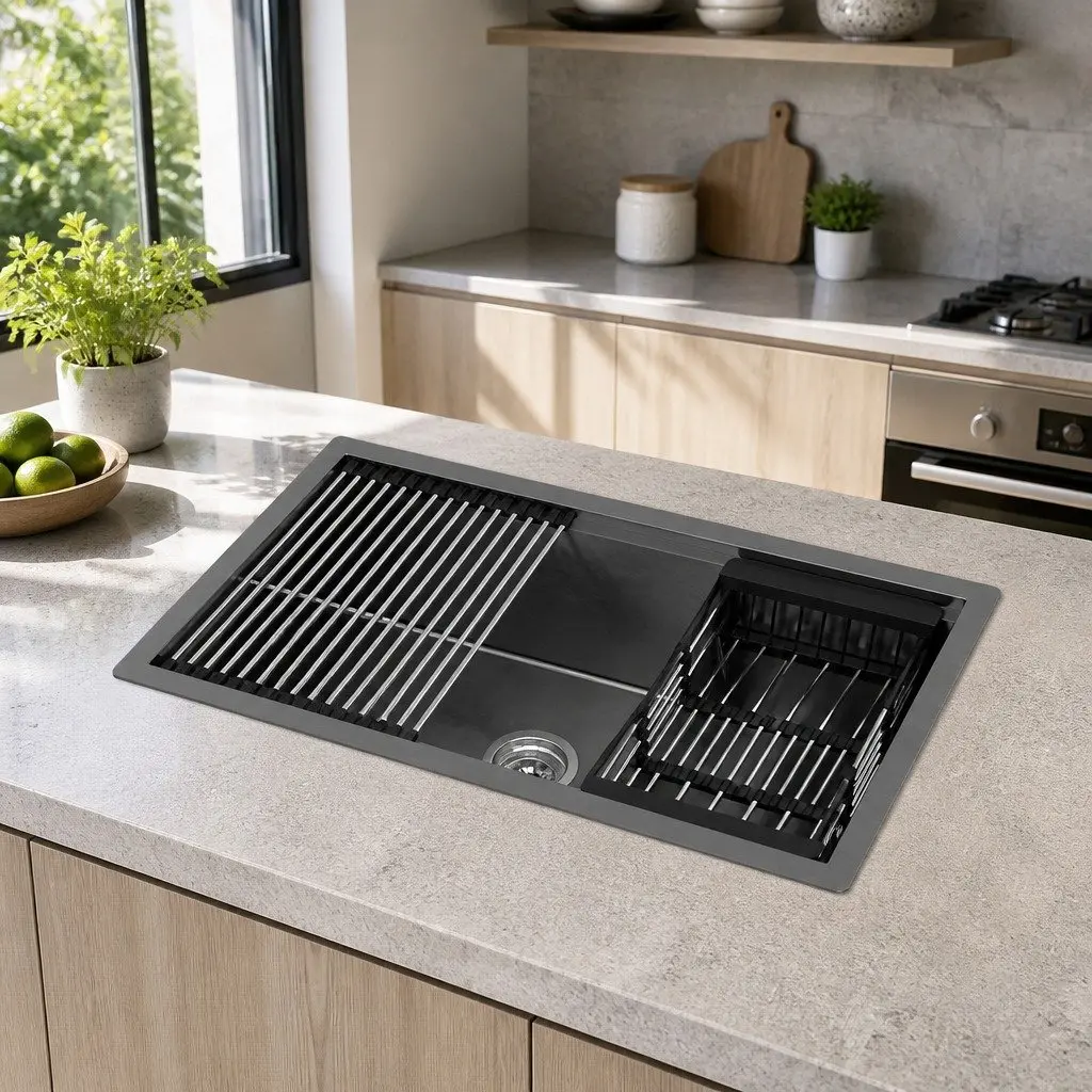 Stainless Steel Kitchen Sink Black 70x45cm Single Bowl with Drain Rack and Basket