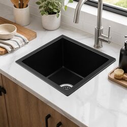 Black Granite Stone Kitchen Sink 38x38cm Single Bowl Undermount Drop In Flush