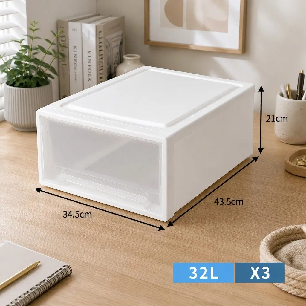 Storage Drawers Large Stackable Containers 3PK Transparent Home Organiser Bedroom Bathroom