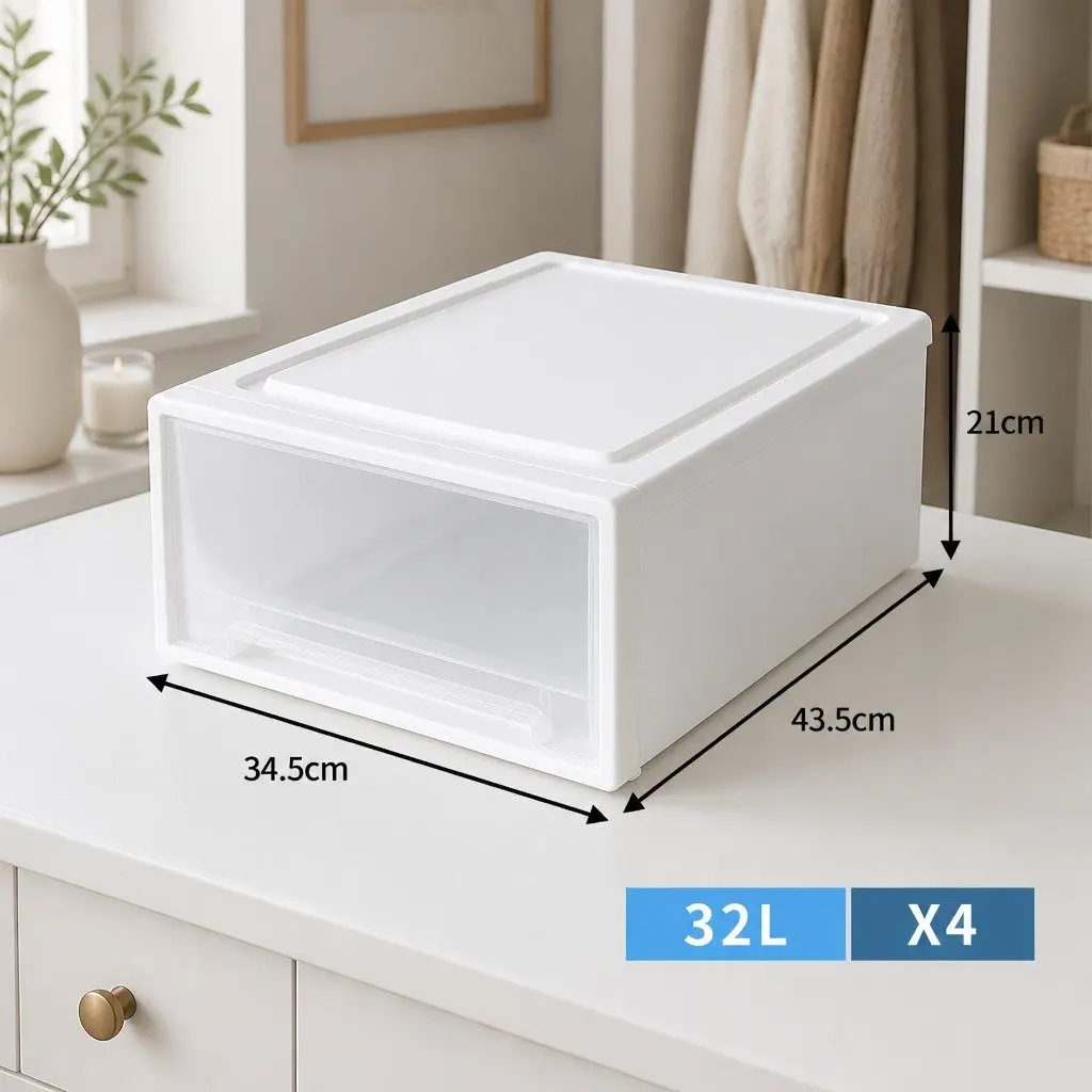 Storage Drawers Stackable Organiser 4 Pack Large Capacity White