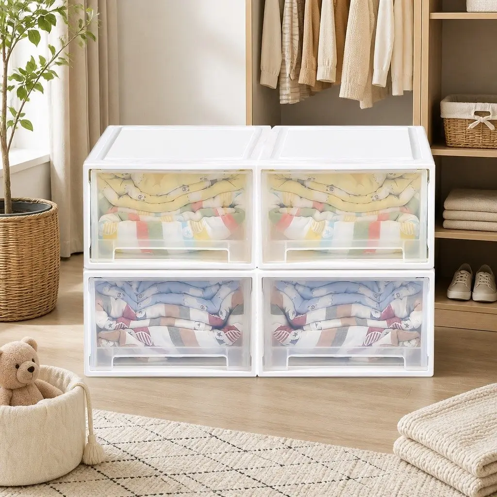 Storage Drawers Stackable Organiser 4 Pack Large Capacity White