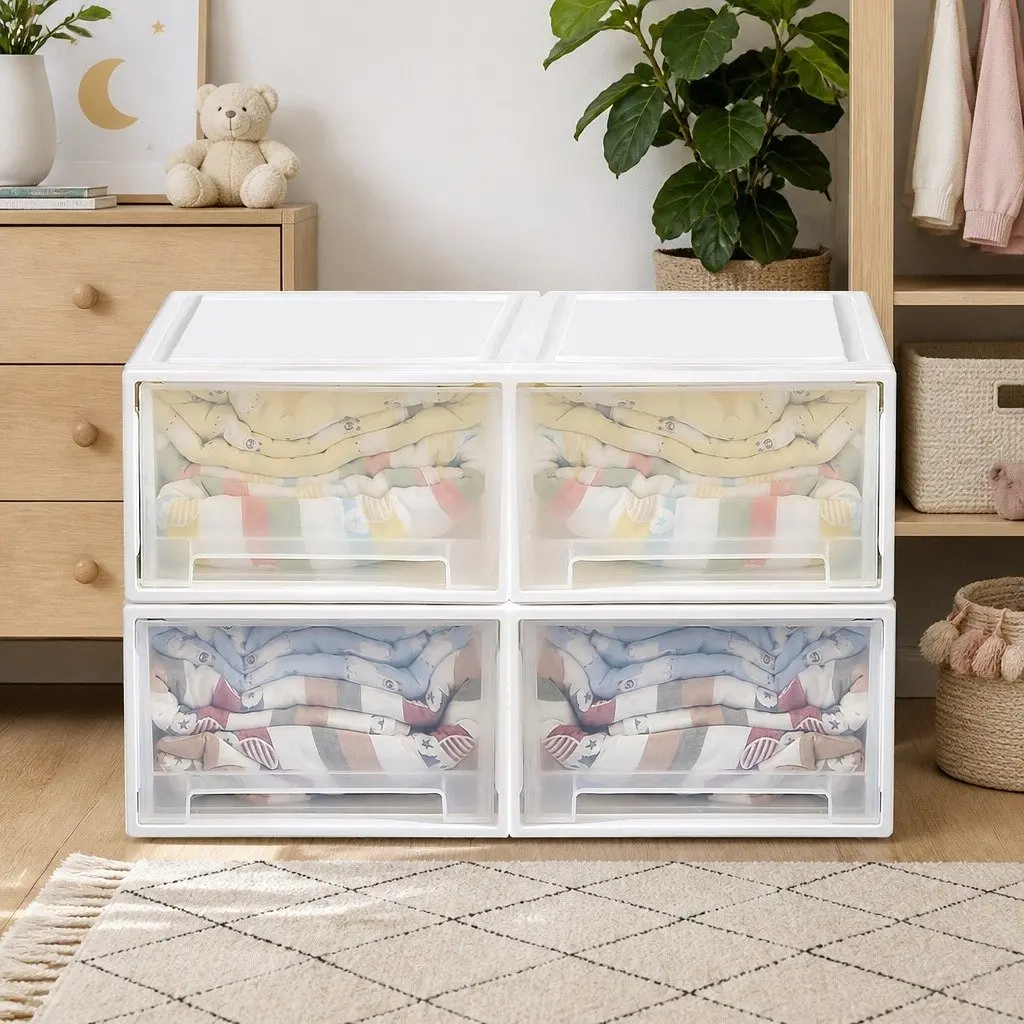 Storage Drawers Stackable Organiser 4 Pack Large Capacity White