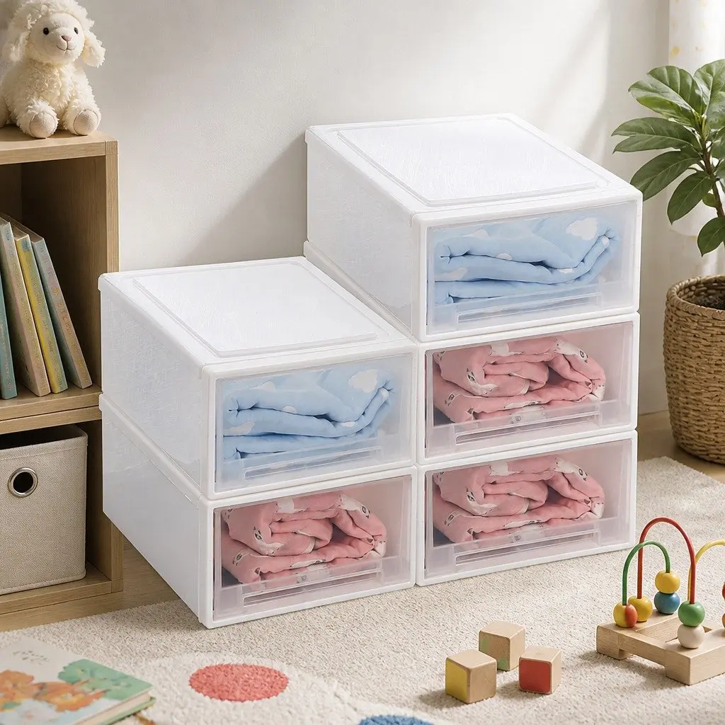 Storage Box Stackable Containers Large 5 Pack Kids Bedroom Playroom Organiser Transparent Drawers
