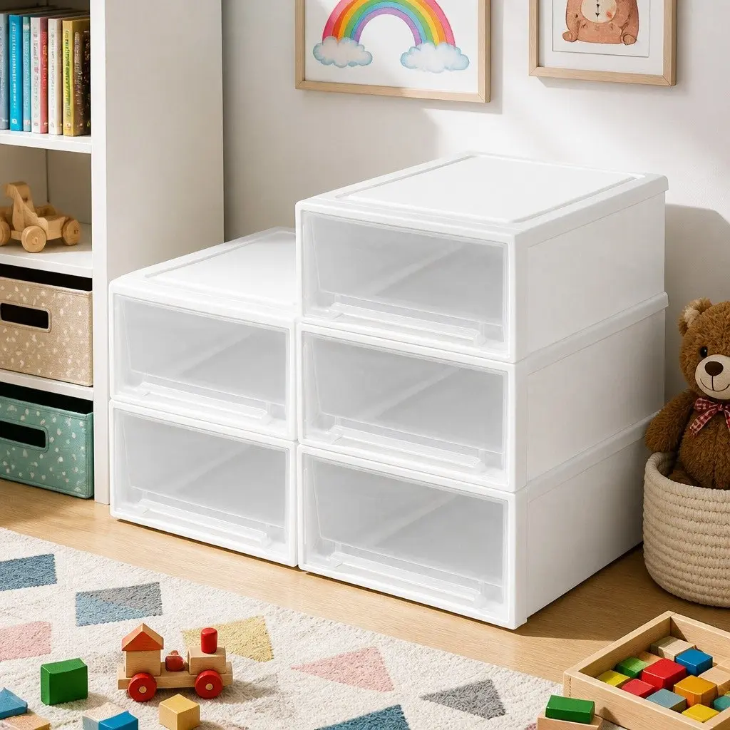 Large Storage Box Stackable Containers 5 Pack Kids Bedroom Playroom Organiser