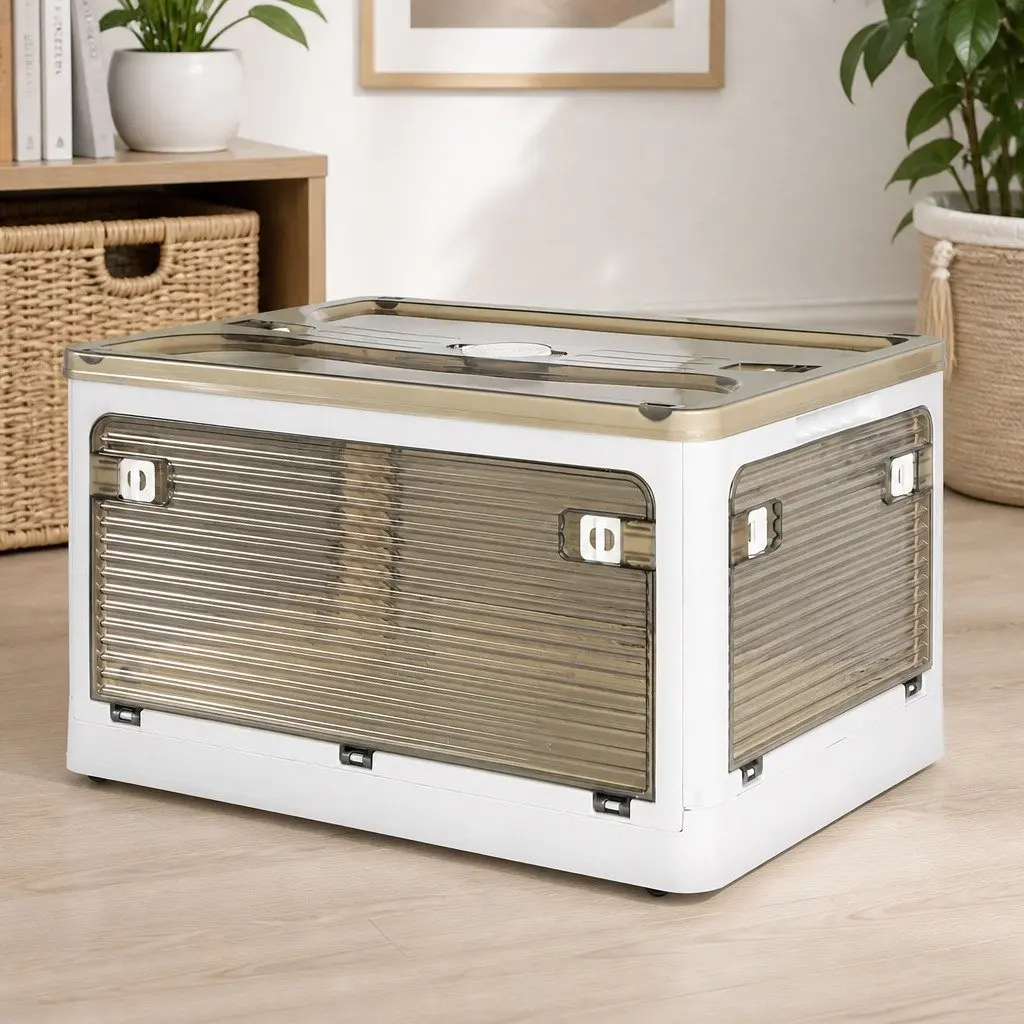 Stackable Storage Box Container with Lid 55L Plastic Organiser Foldable Clear