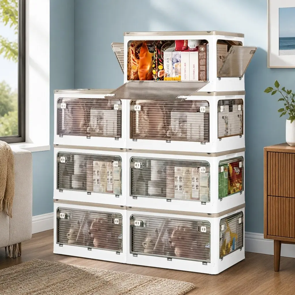 Stackable Storage Box Container with Lid 55L Plastic Organiser Foldable Clear