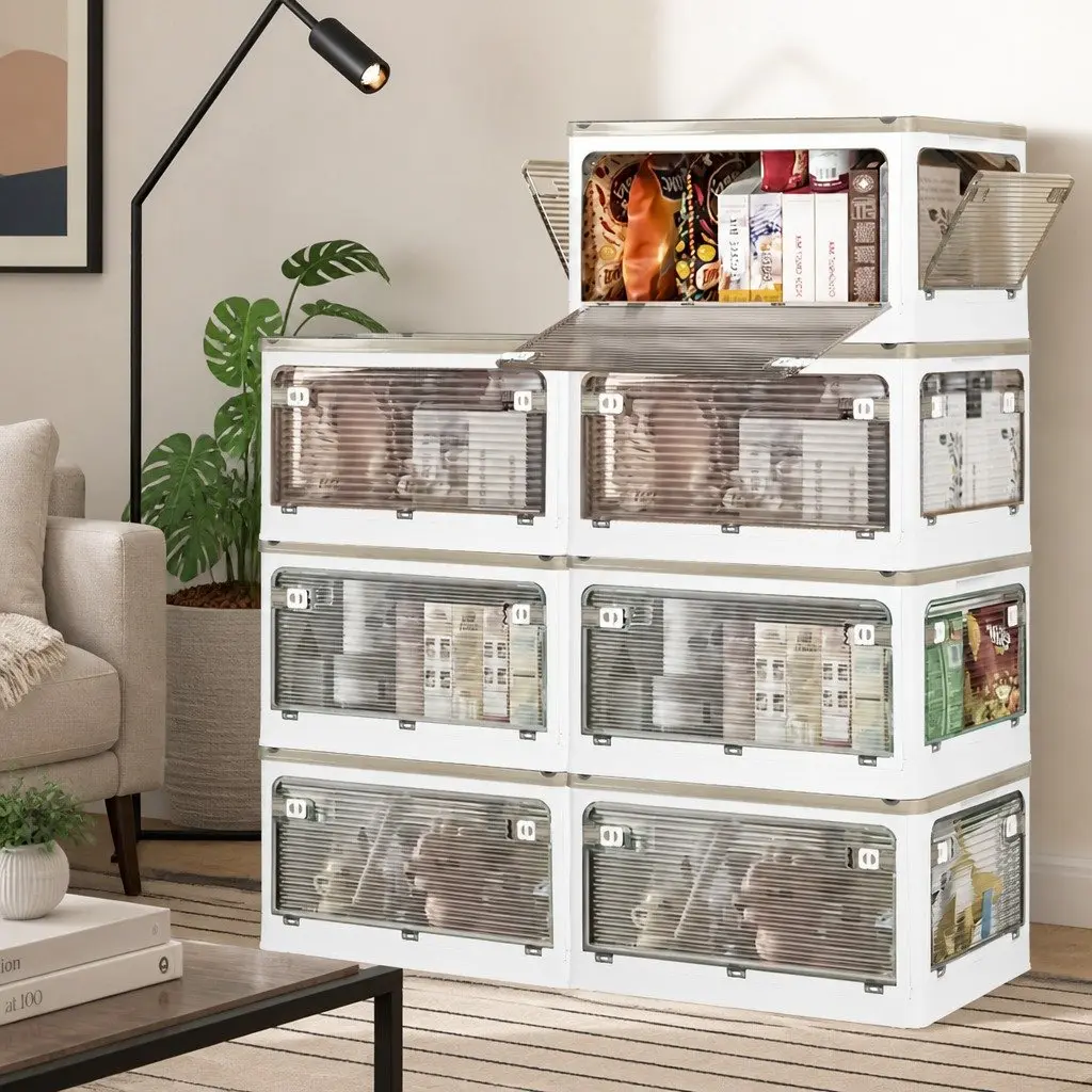Stackable Storage Box Container with Lid 55L Plastic Organiser Foldable Clear