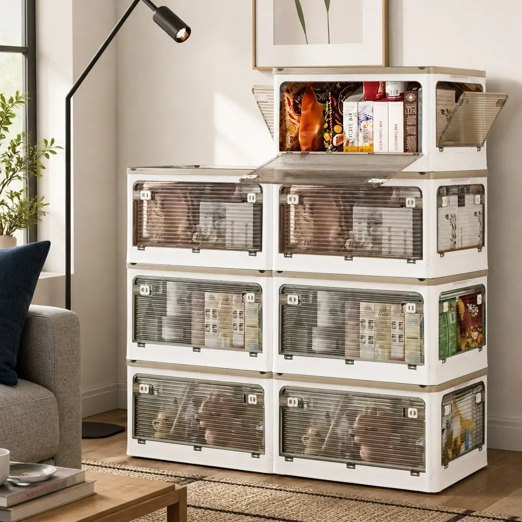 Stackable Storage Box with Lid Organizing Household Items 28L 55L 124L White Orange Green