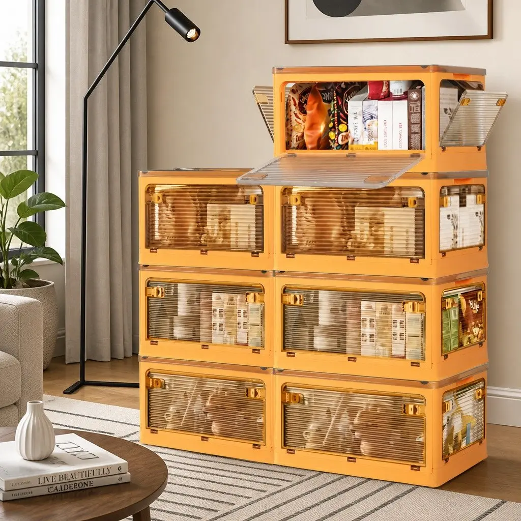 Stackable Storage Organiser Box Container with Lid Plastic Foldable Large Medium White Orange Green