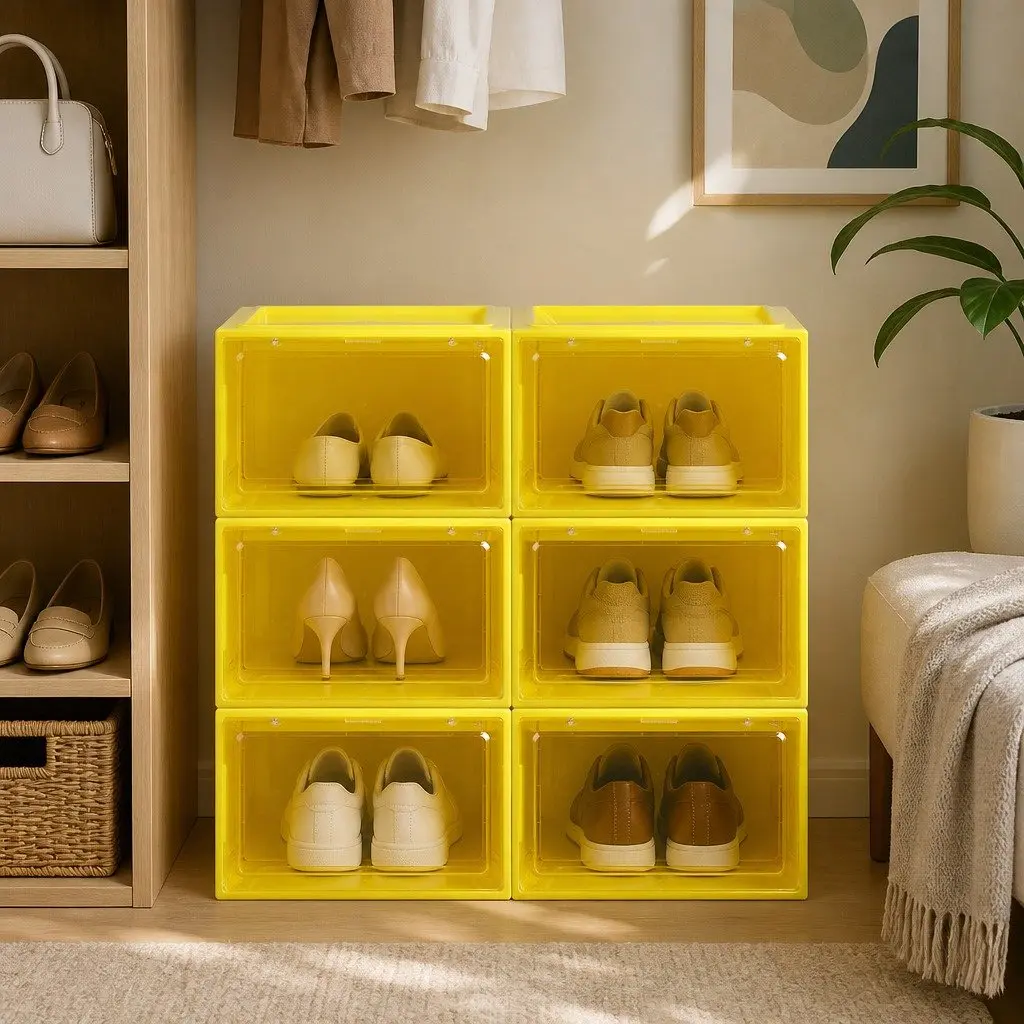 Stackable Shoe Storage Box Drop Front Clear Door Organiser 35.5cm x 26cm x 21cm Green Yellow Pink Blue