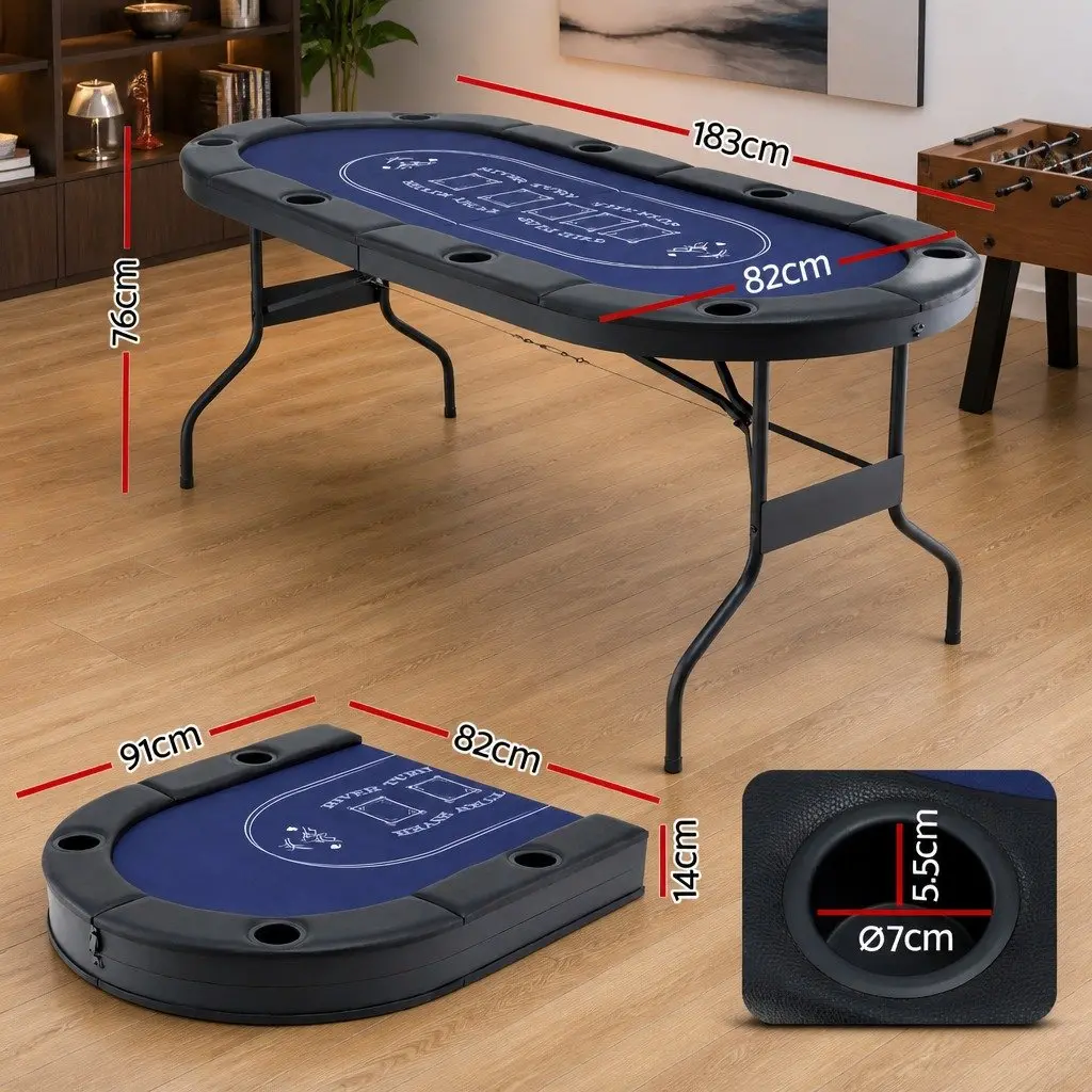 Folding Poker Table Top Casino Card Game 183cm Seats 8 Players Blue Black