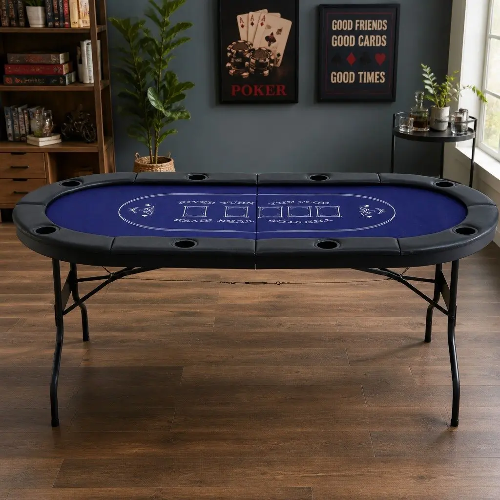 Folding Poker Table Top Casino Card Game 183cm Seats 8 Players Blue Black