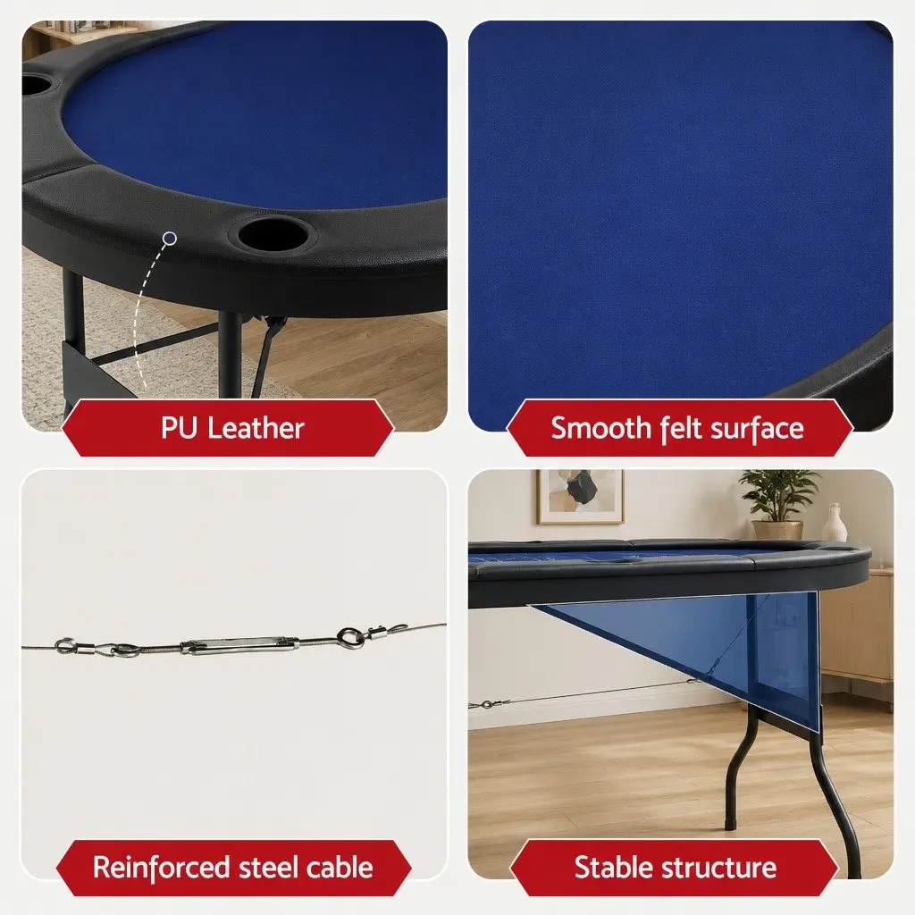 Folding Poker Table Top Casino Card Game 183cm Seats 8 Players Blue Black
