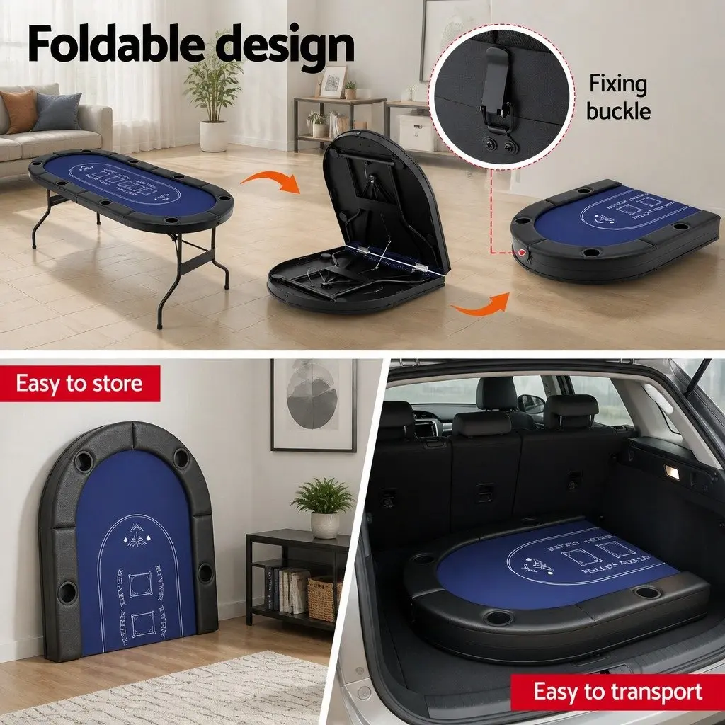 Folding Poker Table Top Casino Card Game 183cm Seats 8 Players Blue Black