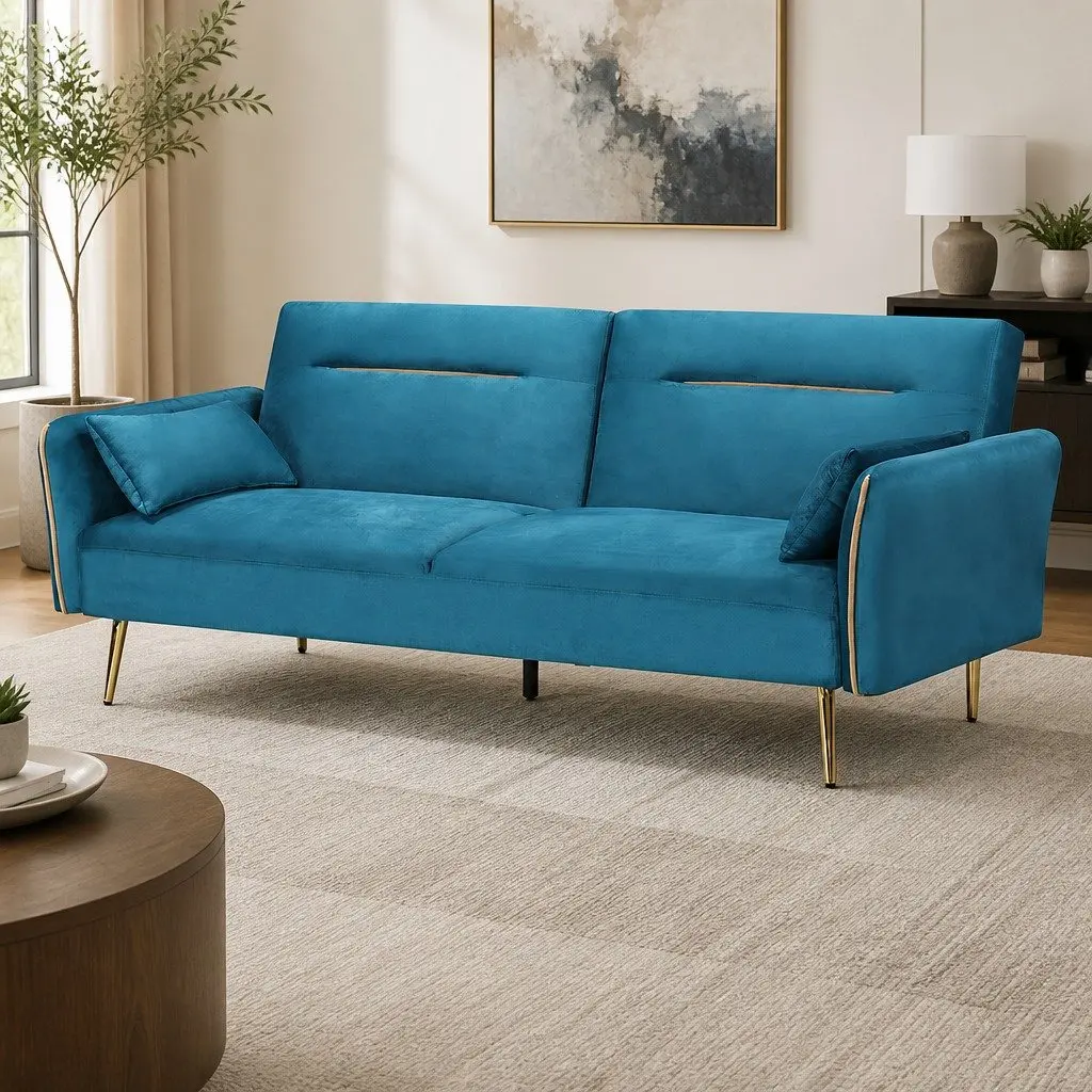 3-Seater Convertible Sofa Bed Futon Sleeper Couch Adjustable Backrest Peacock Blue