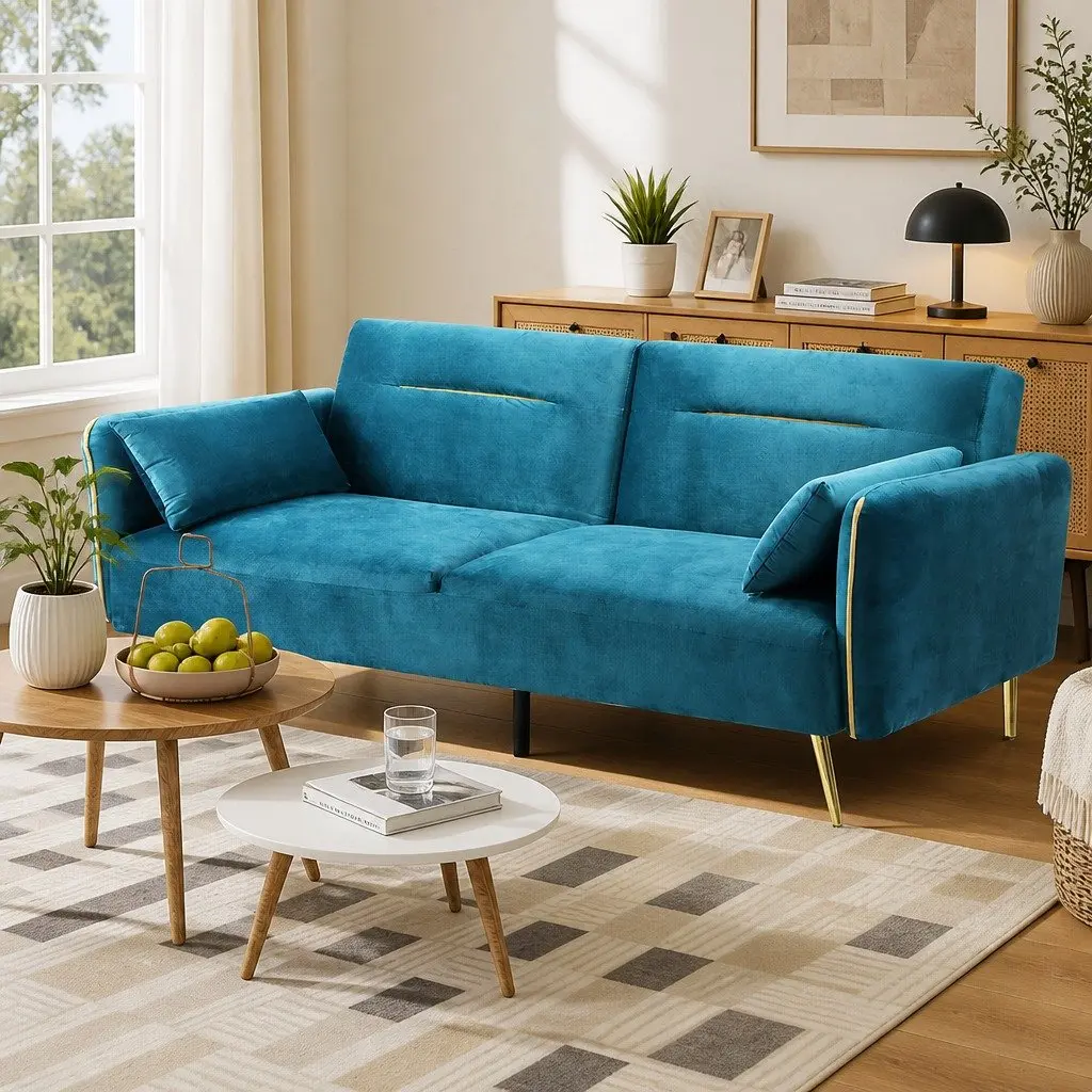 3-Seater Convertible Sofa Bed Futon Sleeper Couch Adjustable Backrest Peacock Blue