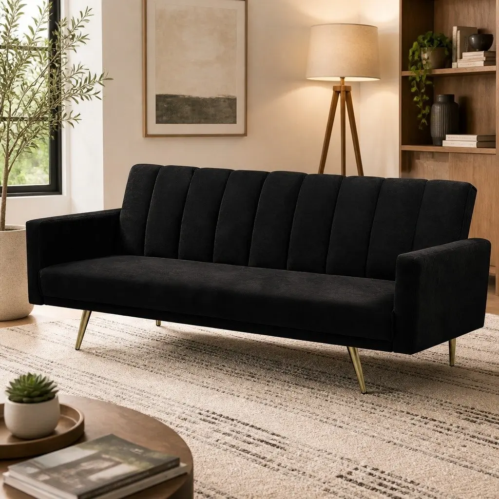 Convertible Sofa Bed Black Velvet 3 Seater Recliner Adjustable Backrest