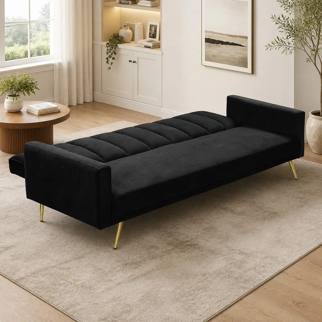 Convertible Sofa Bed Black Velvet 3 Seater Recliner Adjustable Backrest