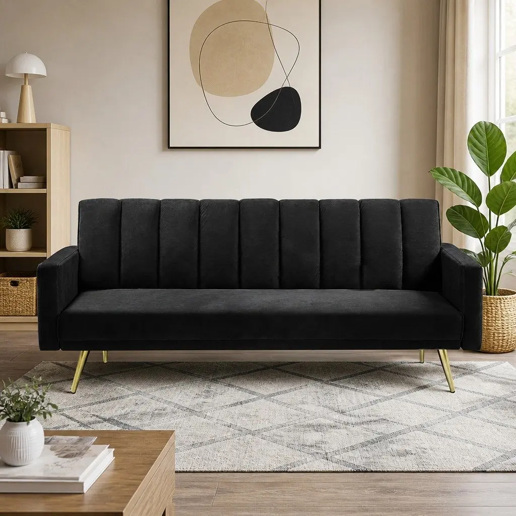 Convertible Sofa Bed Black Velvet 3 Seater Recliner Adjustable Backrest