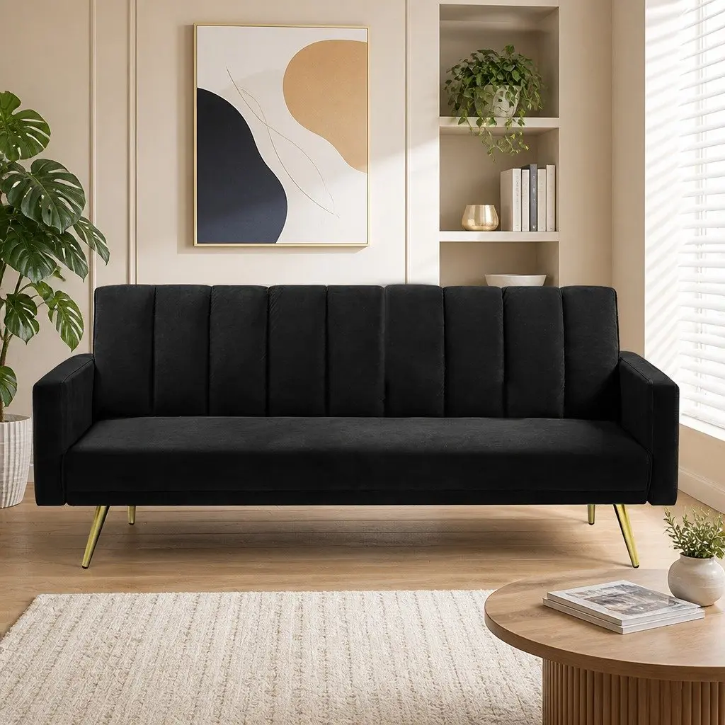 Convertible Sofa Bed Black Velvet 3 Seater Recliner Adjustable Backrest