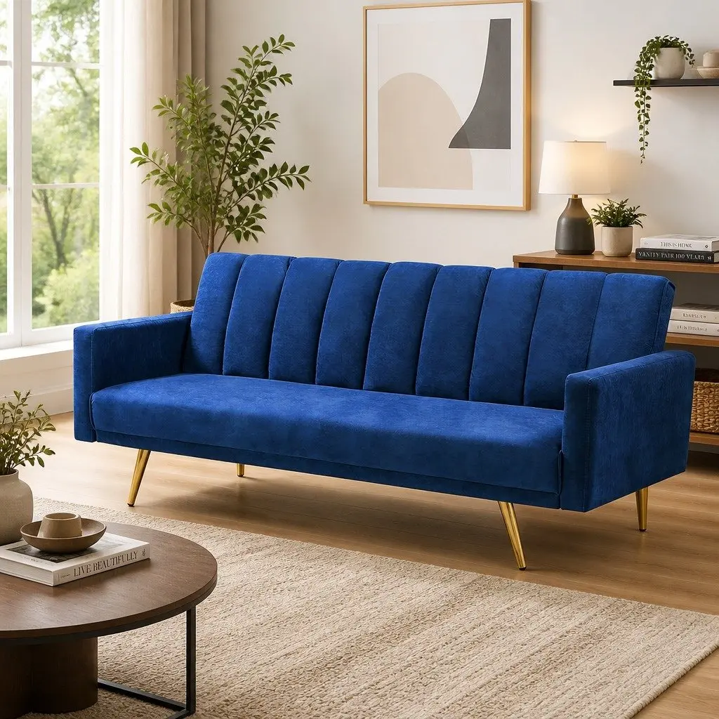3 Seater Sofa Bed Convertible Recliner Velvet Lounge Blue