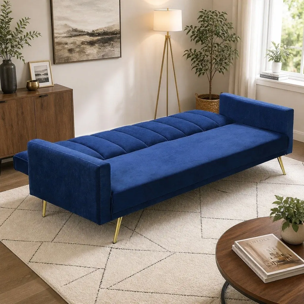3 Seater Sofa Bed Convertible Recliner Velvet Lounge Blue