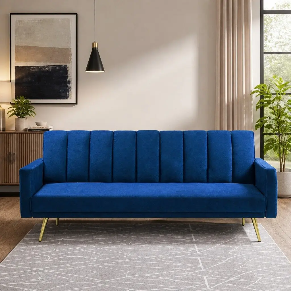 3 Seater Sofa Bed Convertible Recliner Velvet Lounge Blue