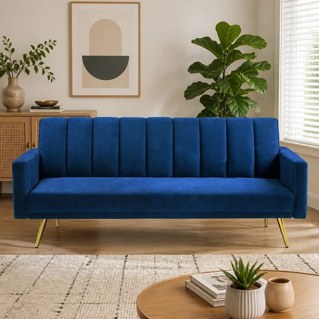 3 Seater Sofa Bed Convertible Recliner Velvet Lounge Blue