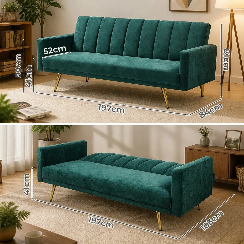 Convertible Sofa Bed Recliner Lounge Sleeper 3 Seater Green