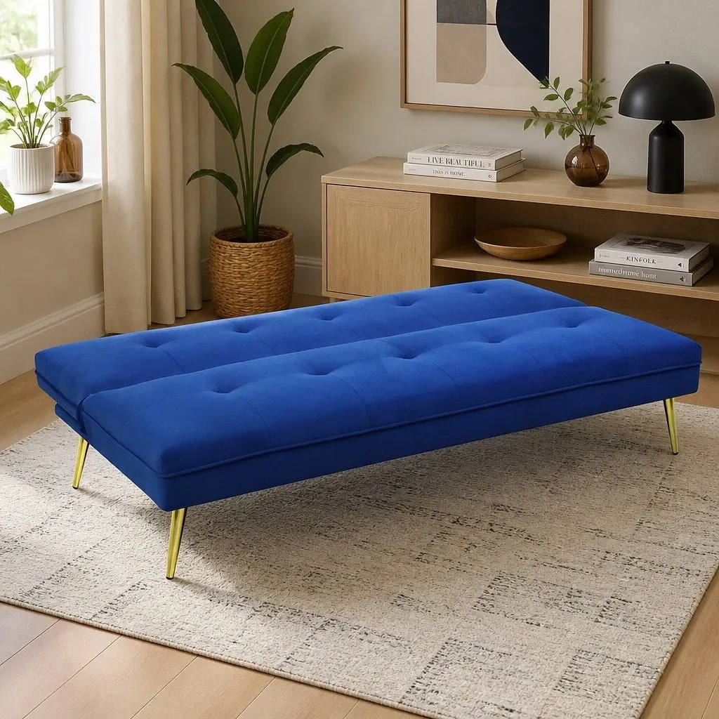 Convertible Sofa Bed Velvet Deep Blue 3 Seater Adjustable Backrest for Living Room Office or Guest Room