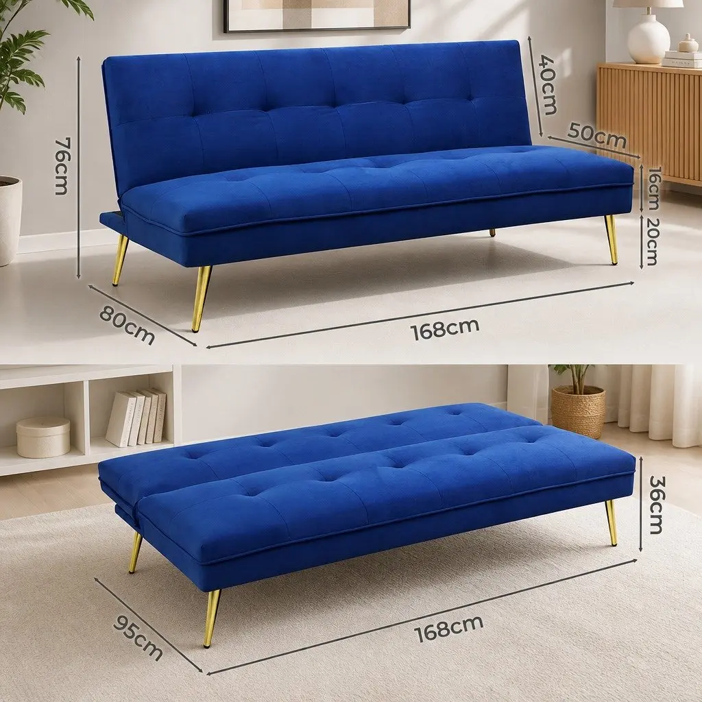 Convertible Sofa Bed Velvet Deep Blue 3 Seater Adjustable Backrest for Living Room Office or Guest Room