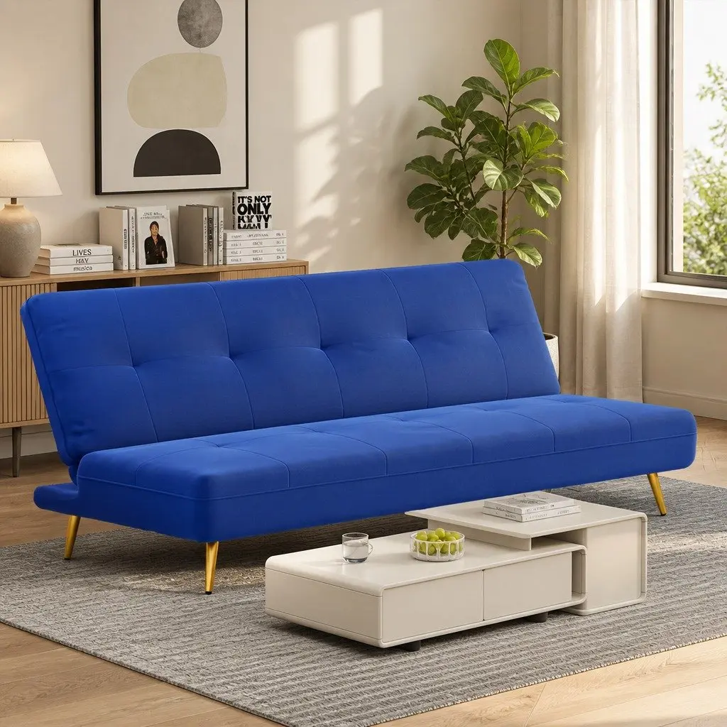 Convertible Sofa Bed Velvet Deep Blue 3 Seater Adjustable Backrest for Living Room Office or Guest Room