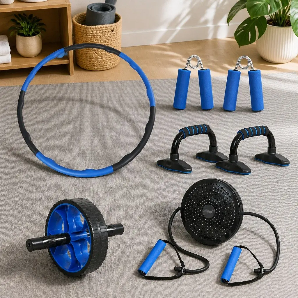 5-in-1 Fitness Set Ab Roller Hula Hoop Push Up Bars Hand Grippers Waist Twister Blue Black