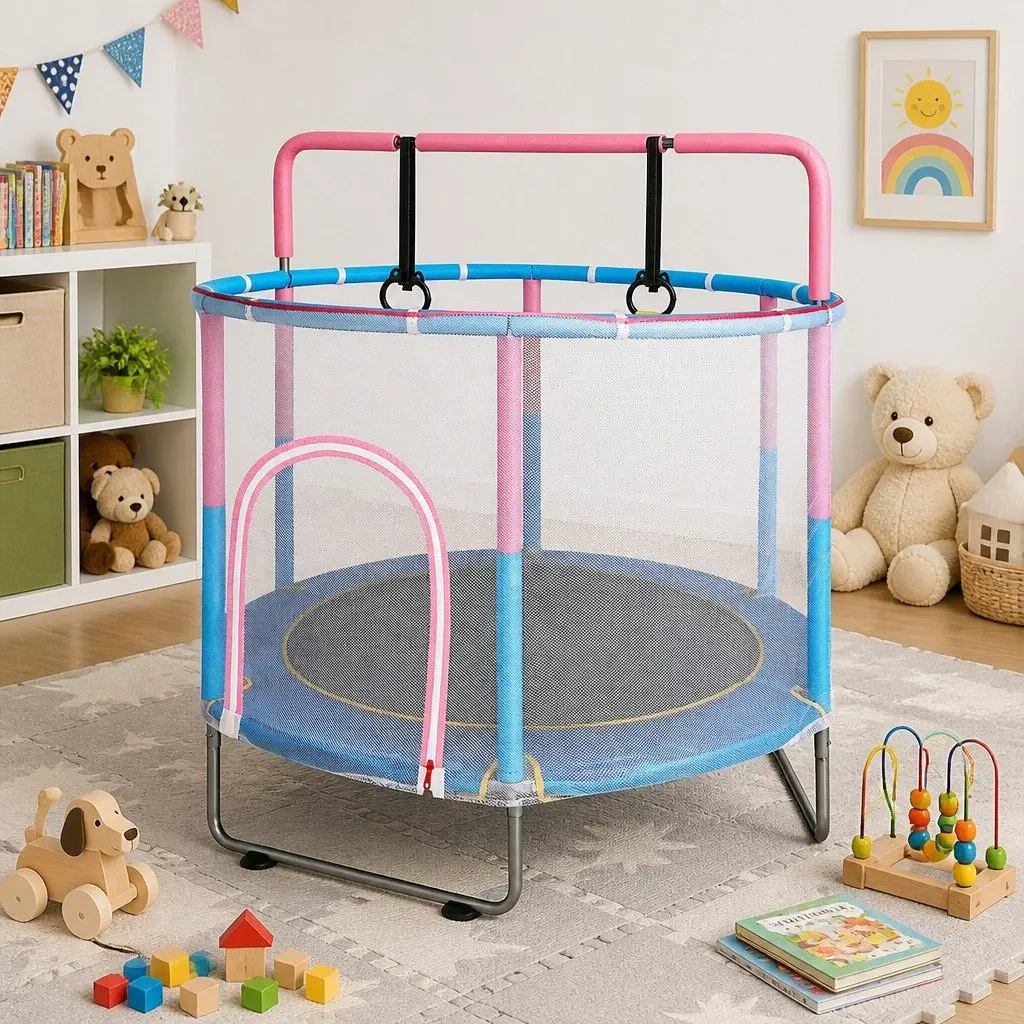 Kids Trampoline Rebounder Indoor Outdoor 55 Inch Pink with Hanging Rings