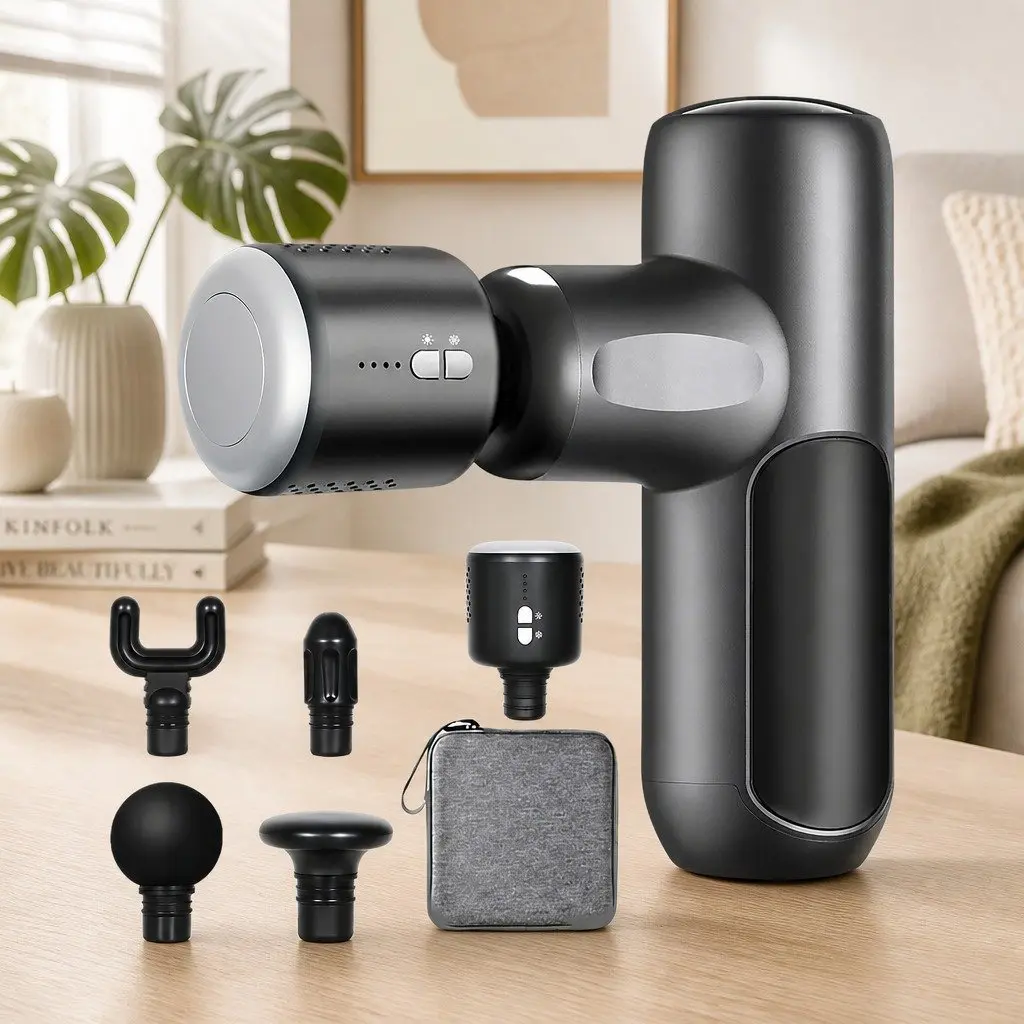 Deep Tissue Massage Gun Heat Cold Therapy 5 Heads Wireless Percussion Muscle Recovery Black