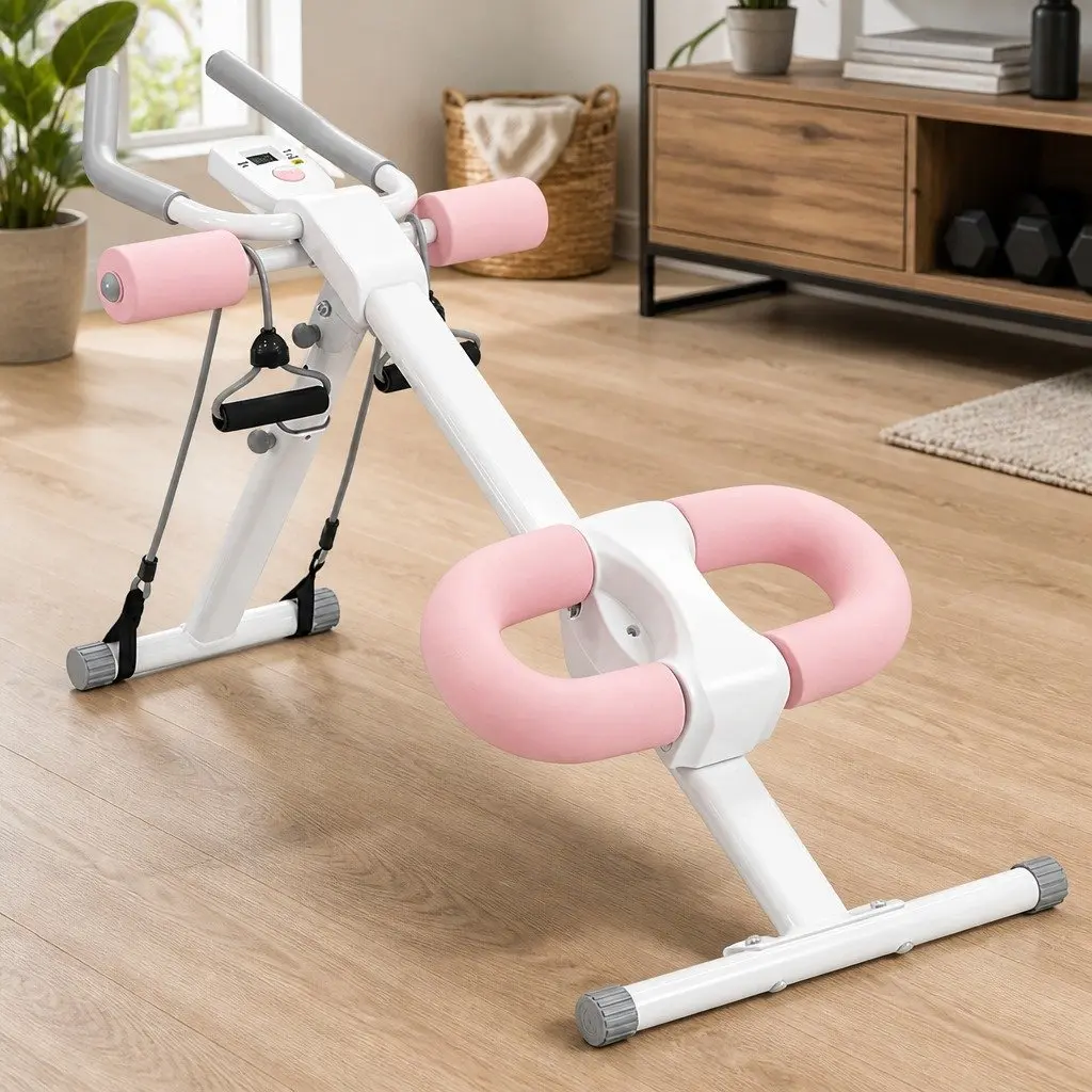 Ab Machine Adjustable Foldable Core Trainer Home Gym Equipment Pink and White