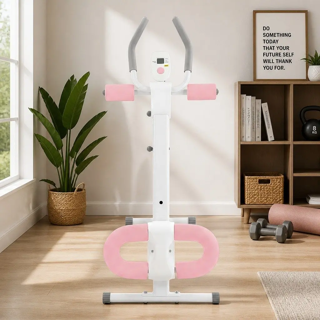 Ab Machine Adjustable Foldable Core Trainer Home Gym Equipment Pink and White