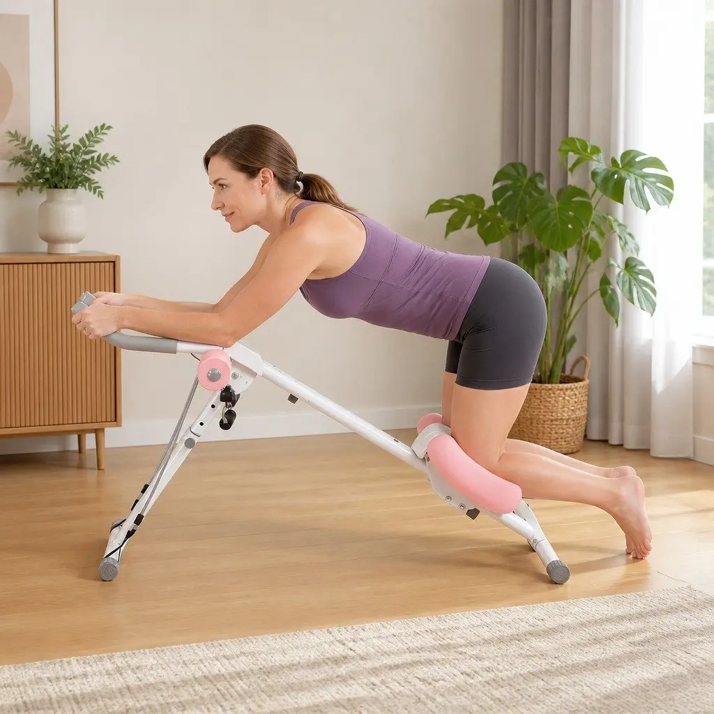 Ab Machine Adjustable Foldable Core Trainer Home Gym Equipment Pink and White