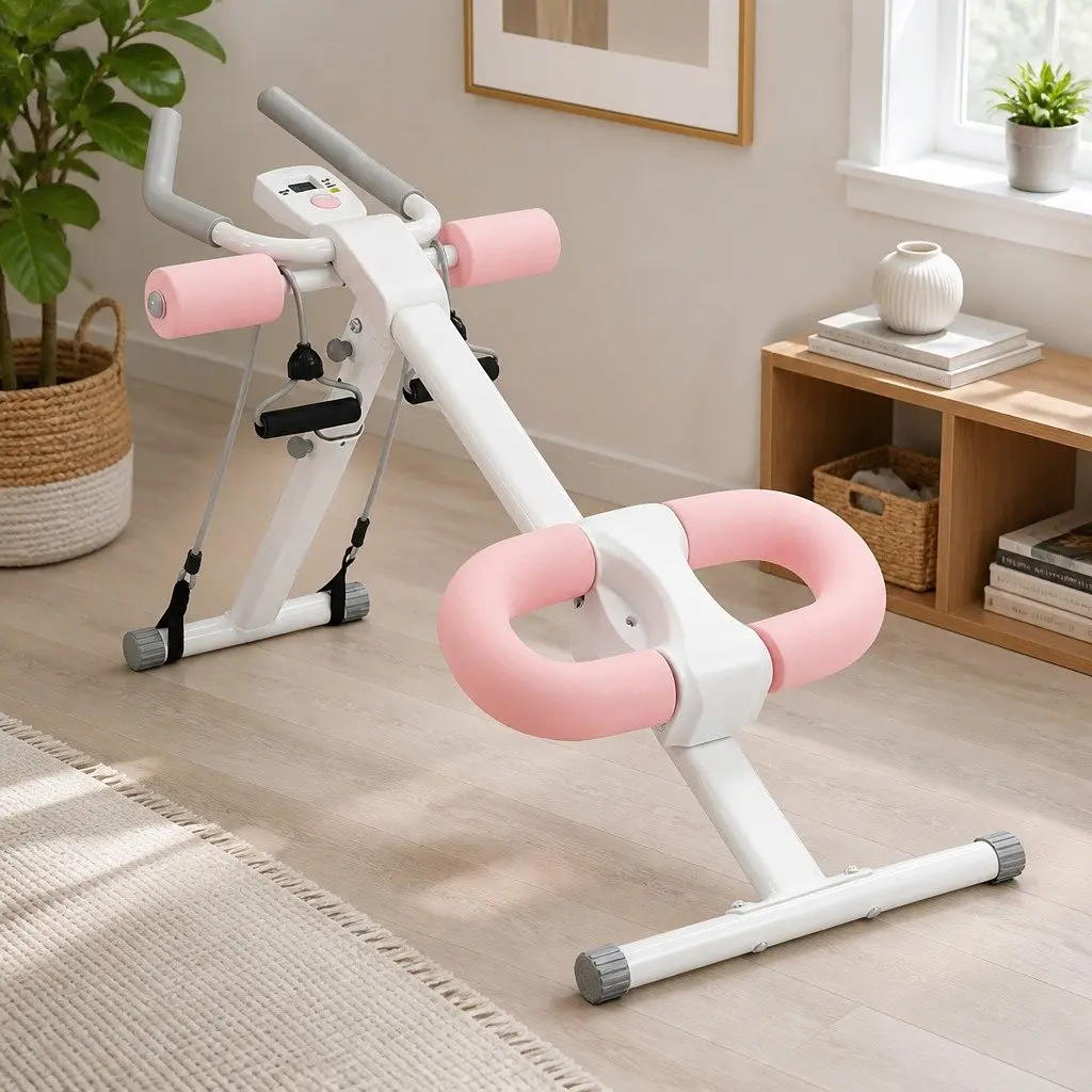 Ab Machine Adjustable Foldable Core Trainer Home Gym Equipment Pink and White