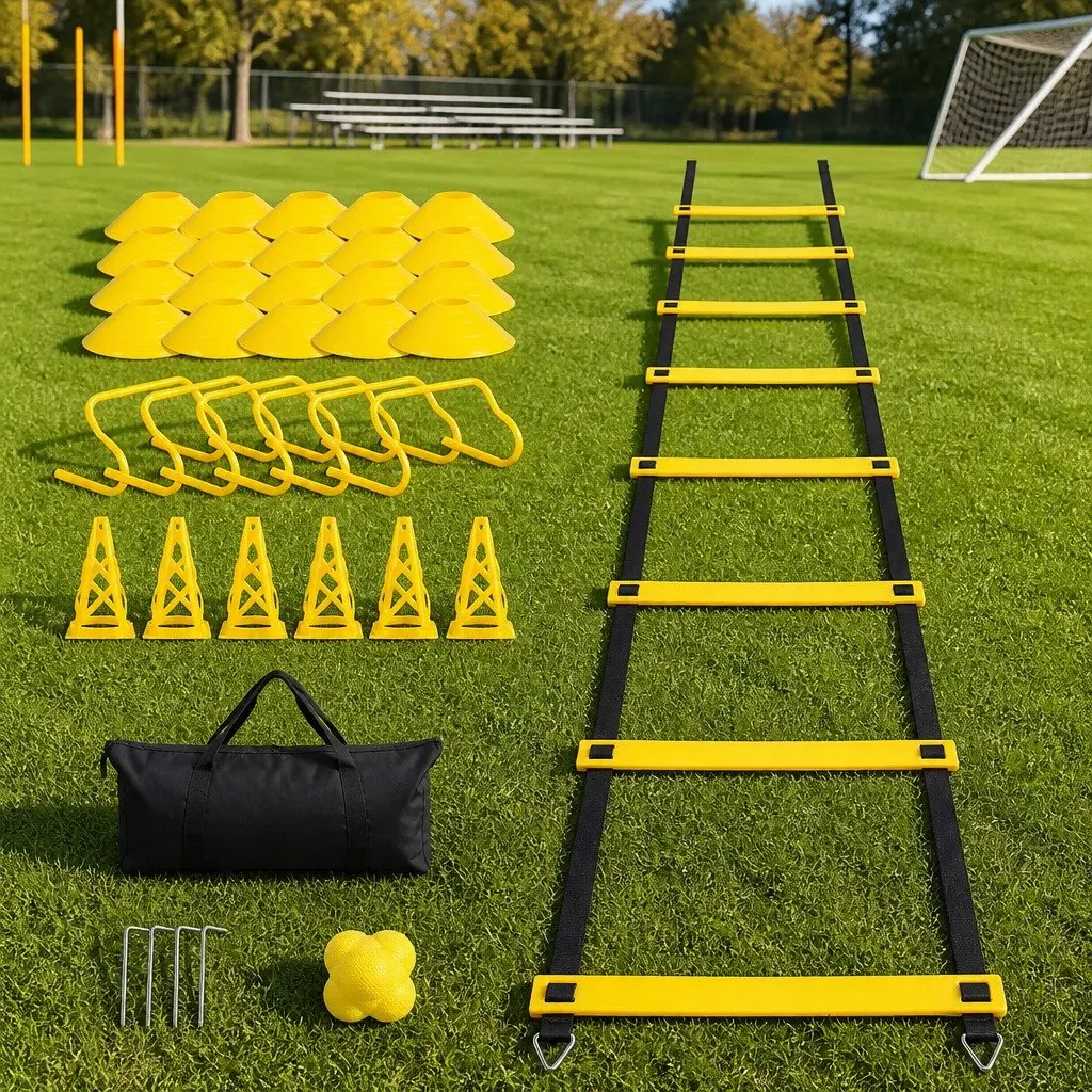 Agility Training Kit 39 Piece Adjustable Ladder Hurdles Cones Reaction Ball Yellow
