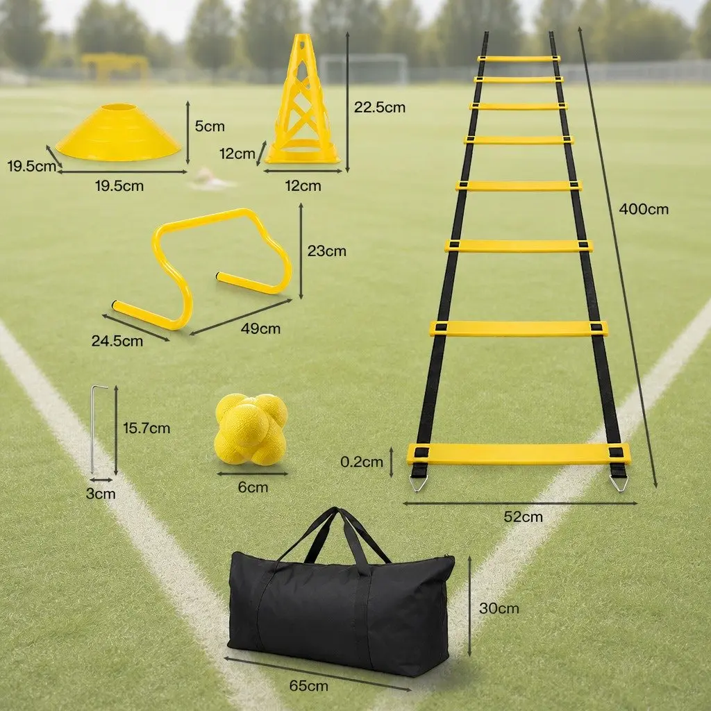 Agility Training Kit 39 Piece Adjustable Ladder Hurdles Cones Reaction Ball Yellow
