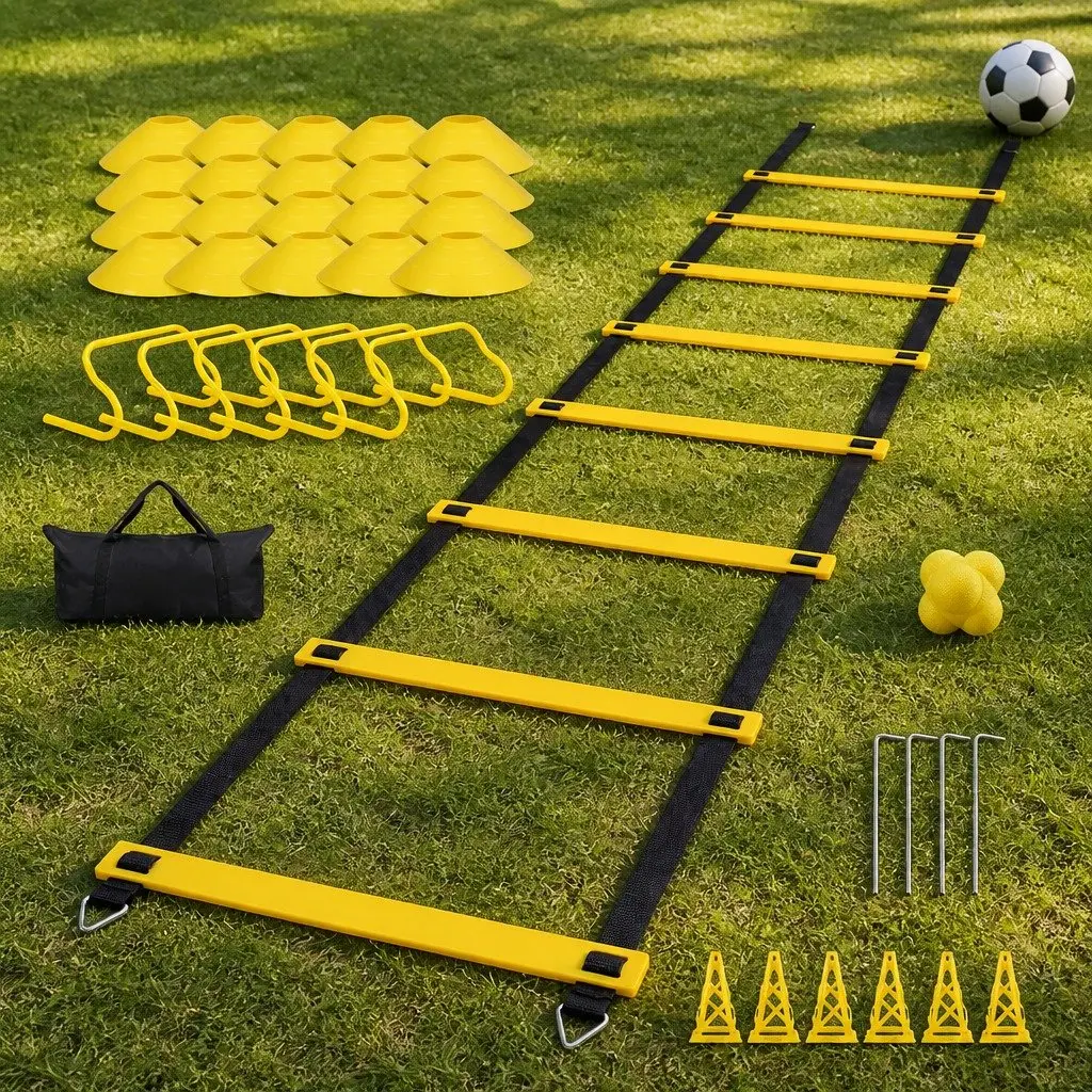 Agility Training Kit 39 Piece Adjustable Ladder Hurdles Cones Reaction Ball Yellow