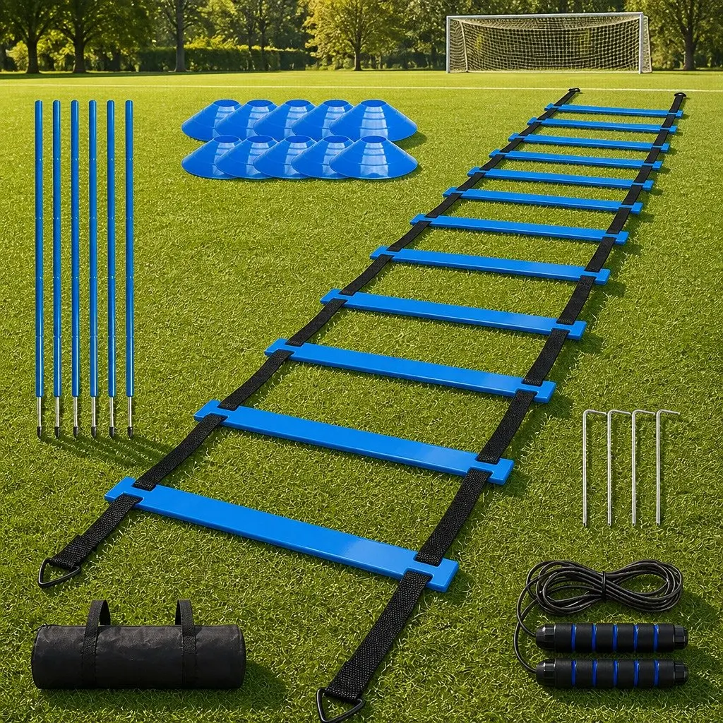 Agility Training Set Soccer Speed Coordination 6m Ladder 6 Poles 10 Cones 2.8m Jump Rope Blue and Black