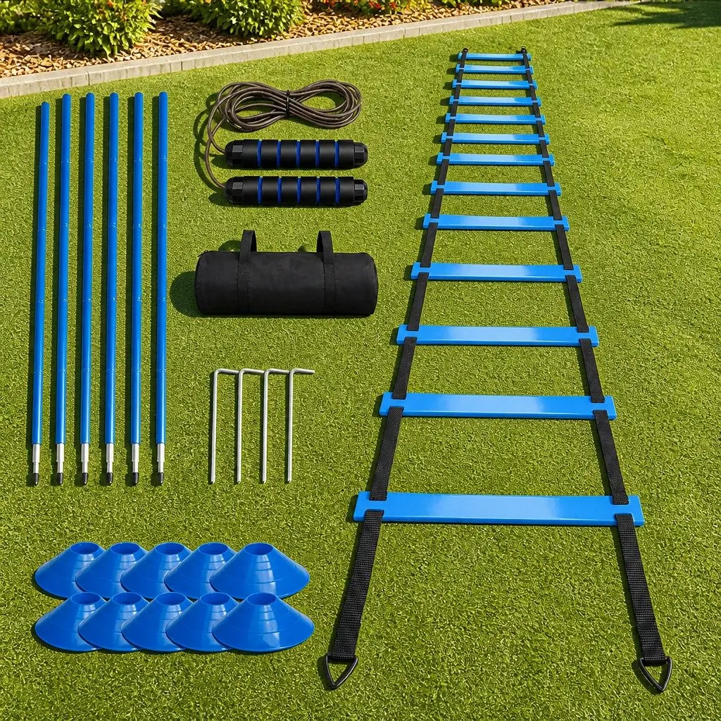 Agility Training Set Soccer Speed Coordination 6m Ladder 6 Poles 10 Cones 2.8m Jump Rope Blue and Black