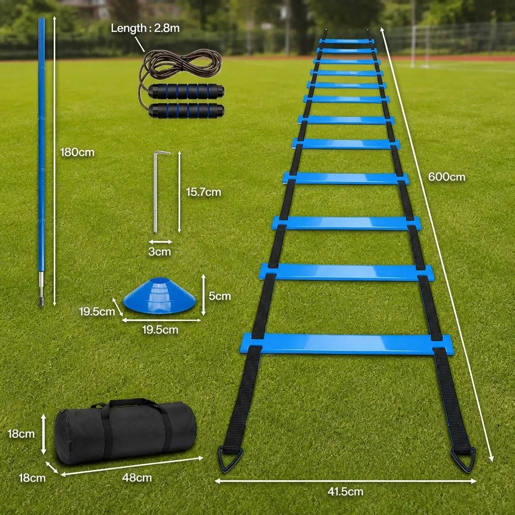 Agility Training Set Soccer Speed Coordination 6m Ladder 6 Poles 10 Cones 2.8m Jump Rope Blue and Black