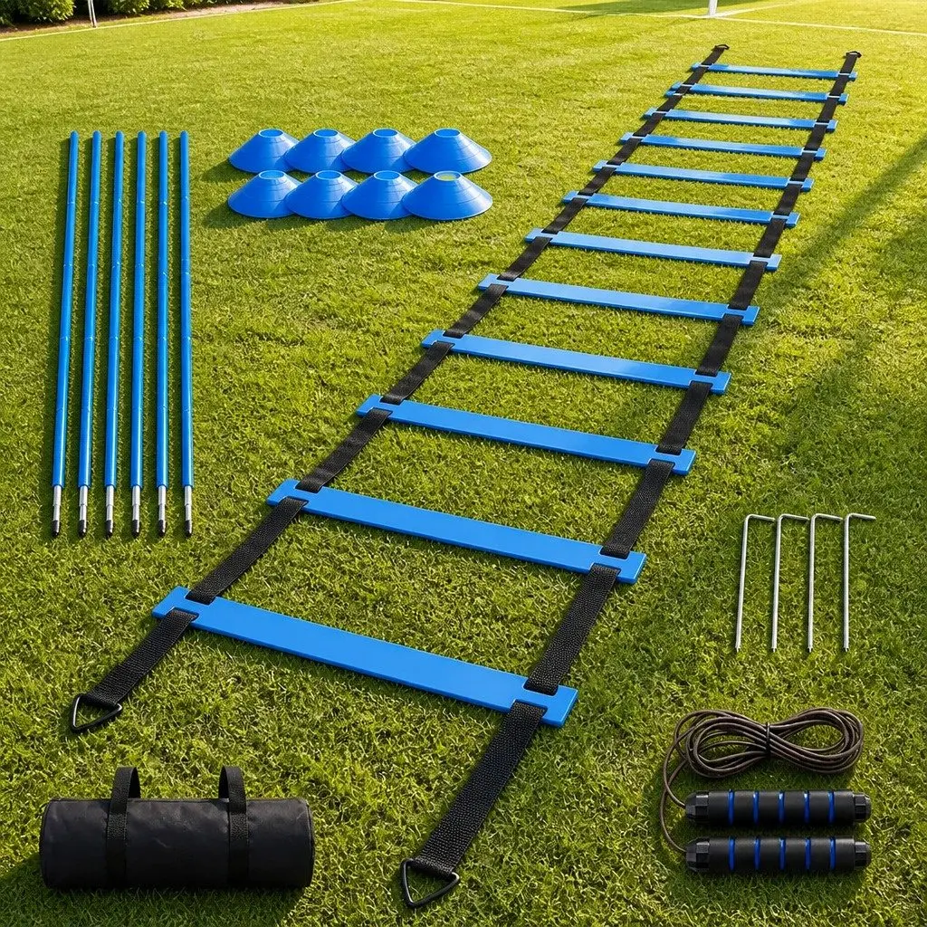 Agility Training Set Soccer Speed Coordination 6m Ladder 6 Poles 10 Cones 2.8m Jump Rope Blue and Black