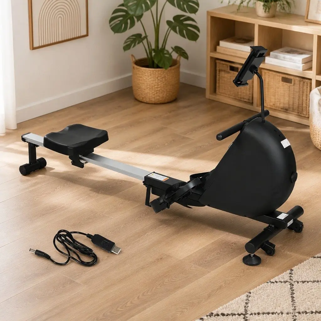 Rowing Machine Smart Self-Powered Electric Telescopic Rail Magnetic Resistance Black