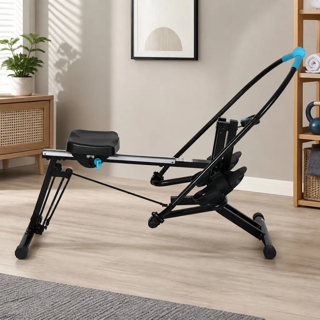 2-in-1 Rowing Machine Leg Press Home Gym Full Body Workout Black